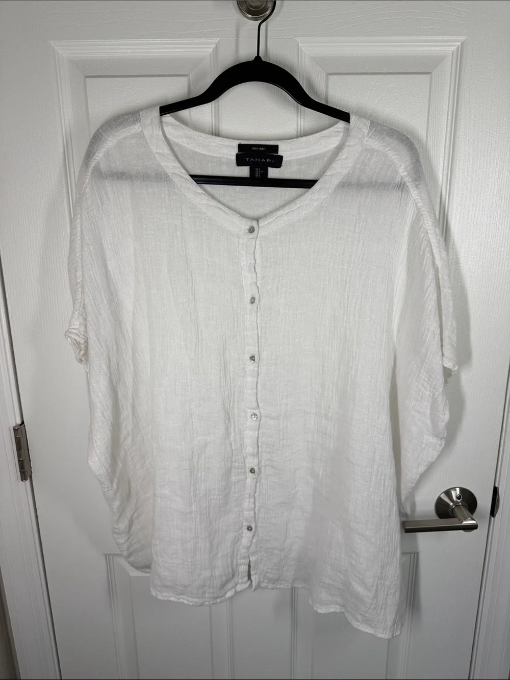 Tahari gauzy linen button down white flowy boxy oversized blouse size large